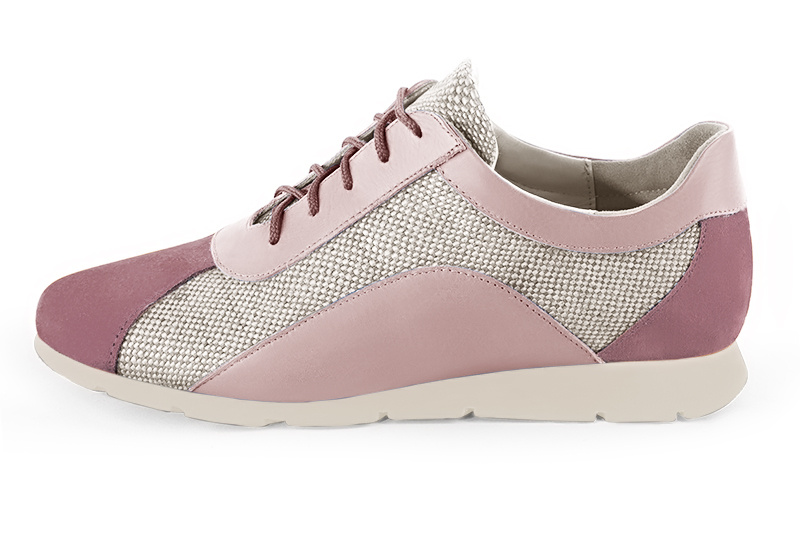 Dusty rose pink and off white women's open back shoes. Round toe. Flat rubber soles. Profile view - Florence KOOIJMAN